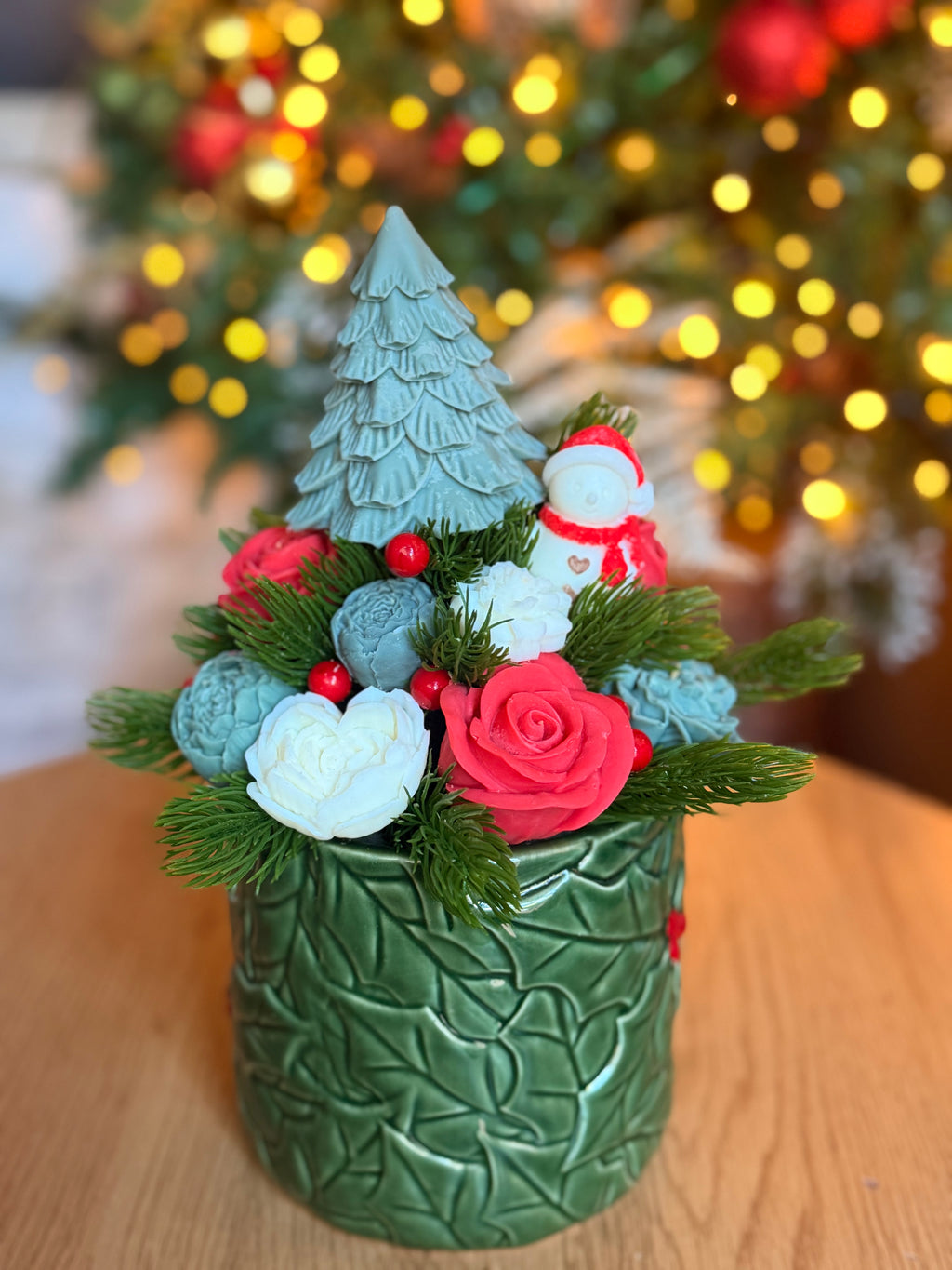 Bouquet Natalizio di Fiori in Cera di Soia - Pupazzo di neve