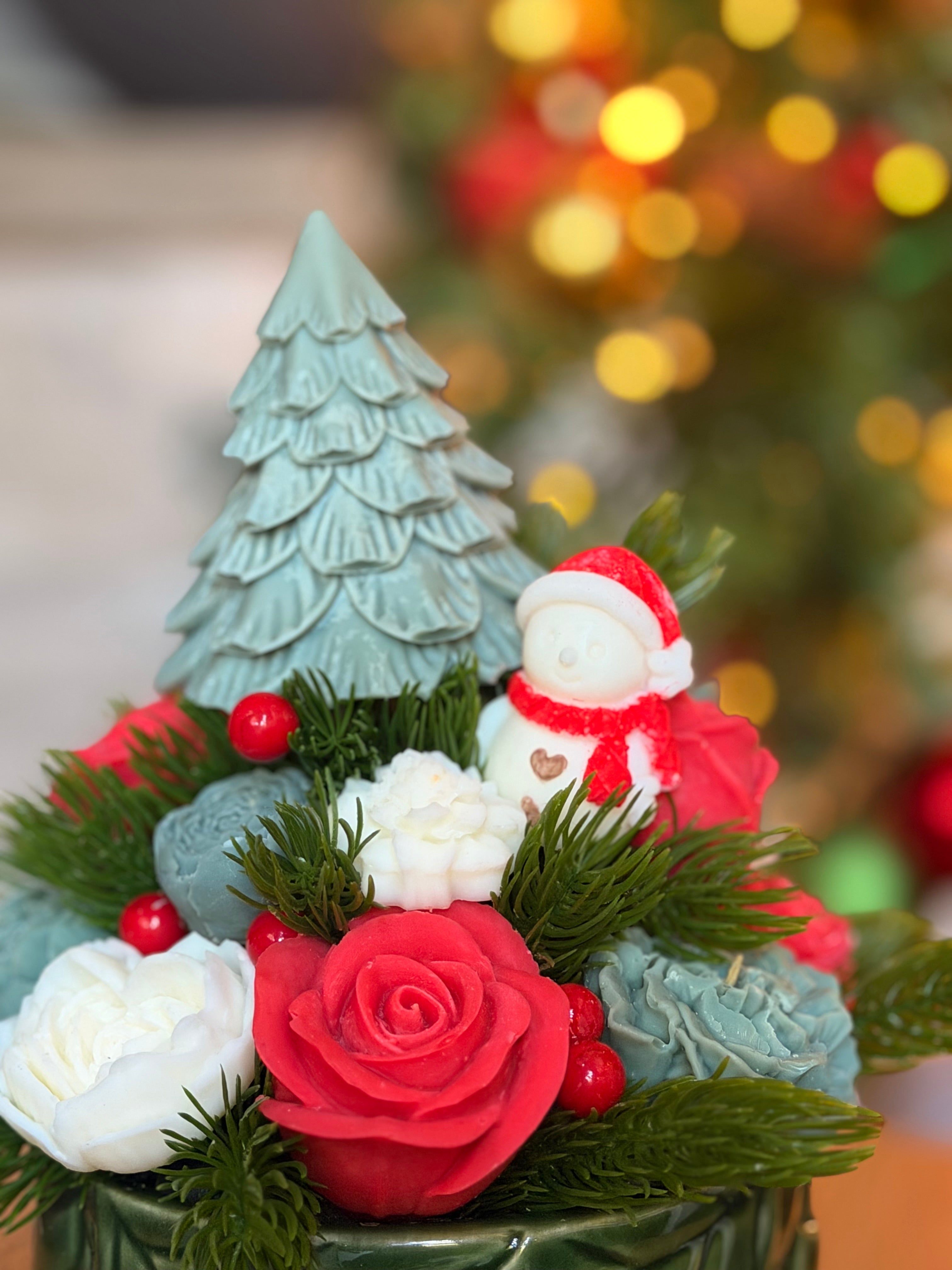 Bouquet Natalizio di Fiori in Cera di Soia - Pupazzo di neve