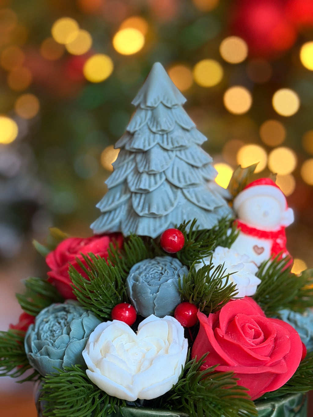 Bouquet Natalizio di Fiori in Cera di Soia - Pupazzo di neve