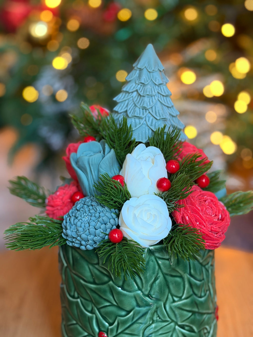 Bouquet Natalizio di Fiori in Cera di Soia - Pupazzo di neve